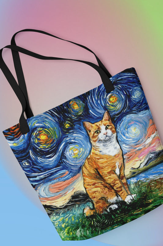 Tote Bag  Orange Tuxedo Tabby Cat Starry Night handbag artwork by Aja cat lover gift gym bag shopping grocery bag carry all