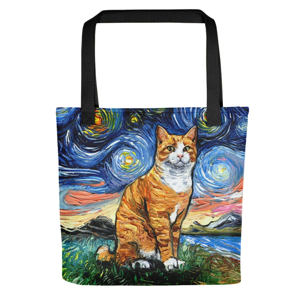 Tote Bag  Orange Tuxedo Tabby Cat Starry Night handbag artwork by Aja cat lover gift gym bag shopping grocery bag carry all