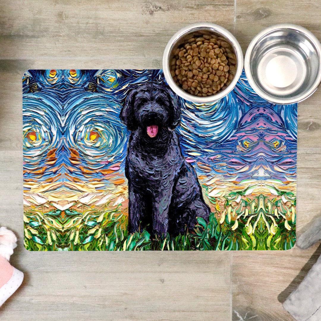 Pet Mat  Black Goldendoodle Starry Night Dog Feeding Mat NonSlip Rubber 12x18 inches Art by Aja Pet Placemat Free Shipping Doodle Dog