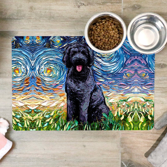 Pet Mat  Black Goldendoodle Starry Night Dog Feeding Mat NonSlip Rubber 12x18 inches Art by Aja Pet Placemat Free Shipping Doodle Dog