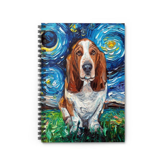 Spiral Notebook  Ruled Line Basset Hound Starry Night Dog Soft Cover 8x6x.6 inch Journal Stationary Art by Aja Free shipping