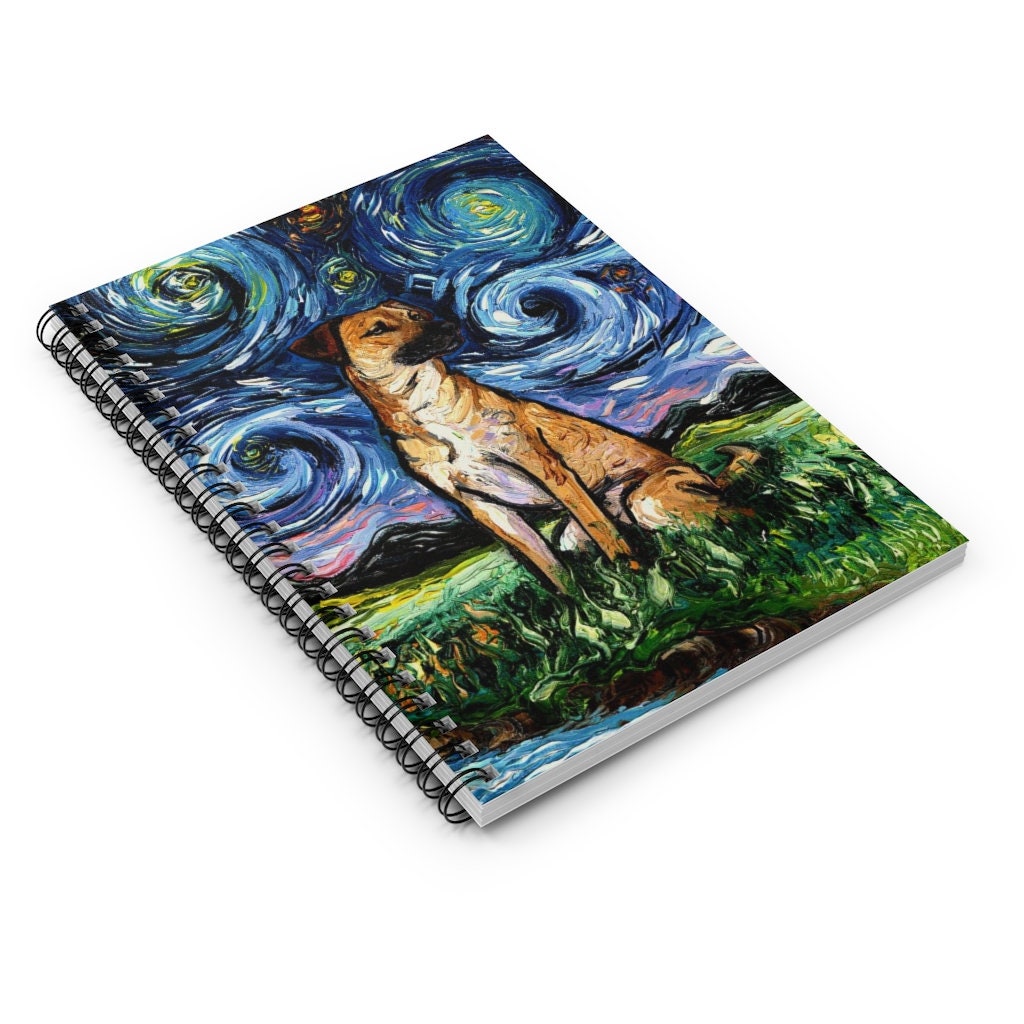Spiral Notebook  Ruled Line Black Mouth Cur Starry Night Dog Soft Cover 8x6x.6 inch Journal Stationary Art by Aja Free shipping