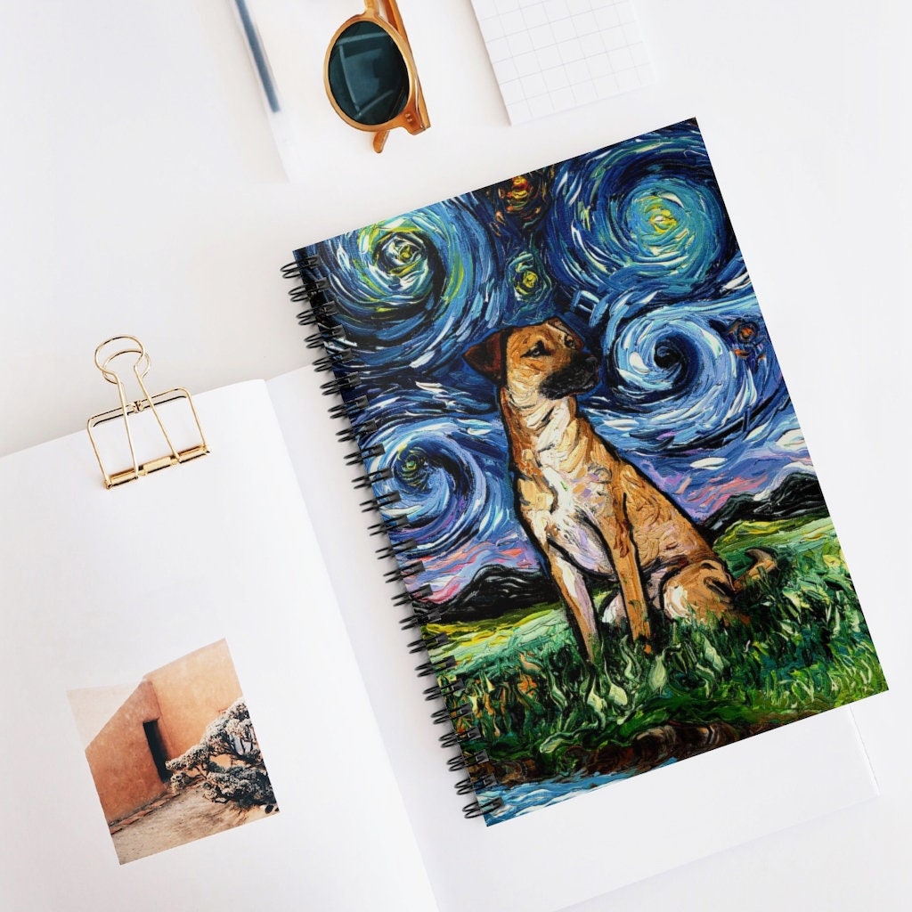 Spiral Notebook  Ruled Line Black Mouth Cur Starry Night Dog Soft Cover 8x6x.6 inch Journal Stationary Art by Aja Free shipping