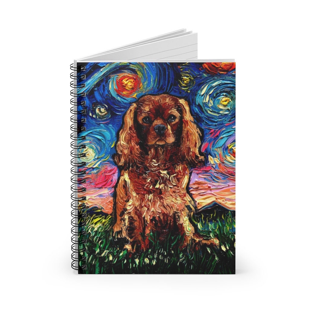 Spiral Notebook  Ruled Line Ruby Cavalier King Charles Spaniel Starry Night Dog Soft Cover 8x6x.6 inch Journal Art by Aja Free shipping