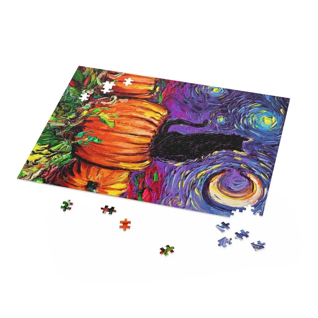 Premium Puzzle  Black Cat In Pumpkin Patch Starry Night 110 252 or 500 Pieces in Gift Tin Art By Aja Rainy Day Activity Free US Shipping