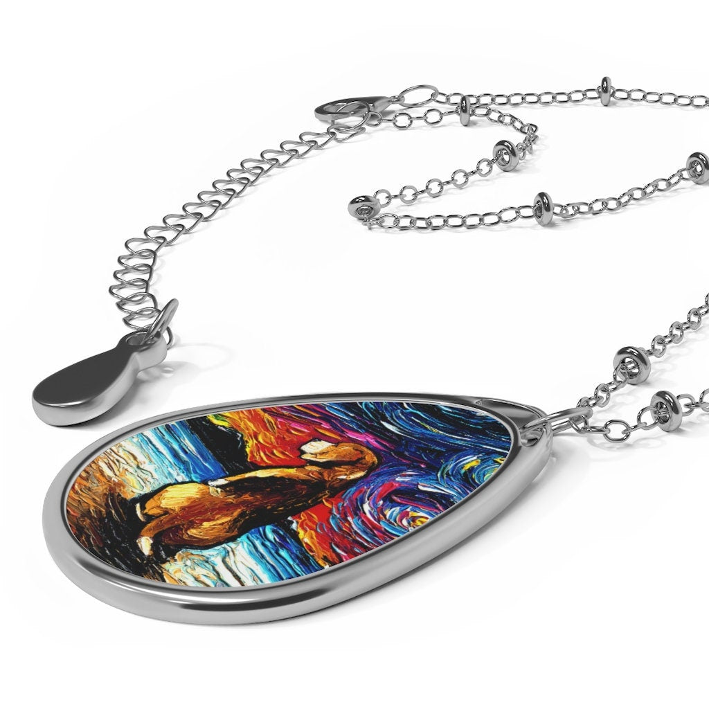 Beagle on the Beach Starry Night Dog 1.5x1 inch Oval Pendant on 20.47 inch Chain Necklace Hypoallergenic Jewelry Featuring Art by Aja