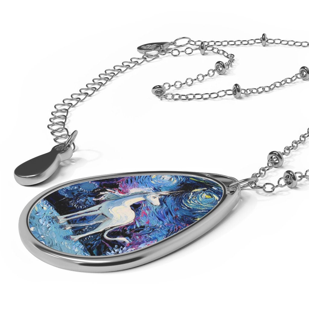 Unicorn Starry Night 1.5x1 inch Oval Pendant on 20.47 inch Chain Necklace Hypoallergenic Jewelry Featuring Fantasy Art by Aja