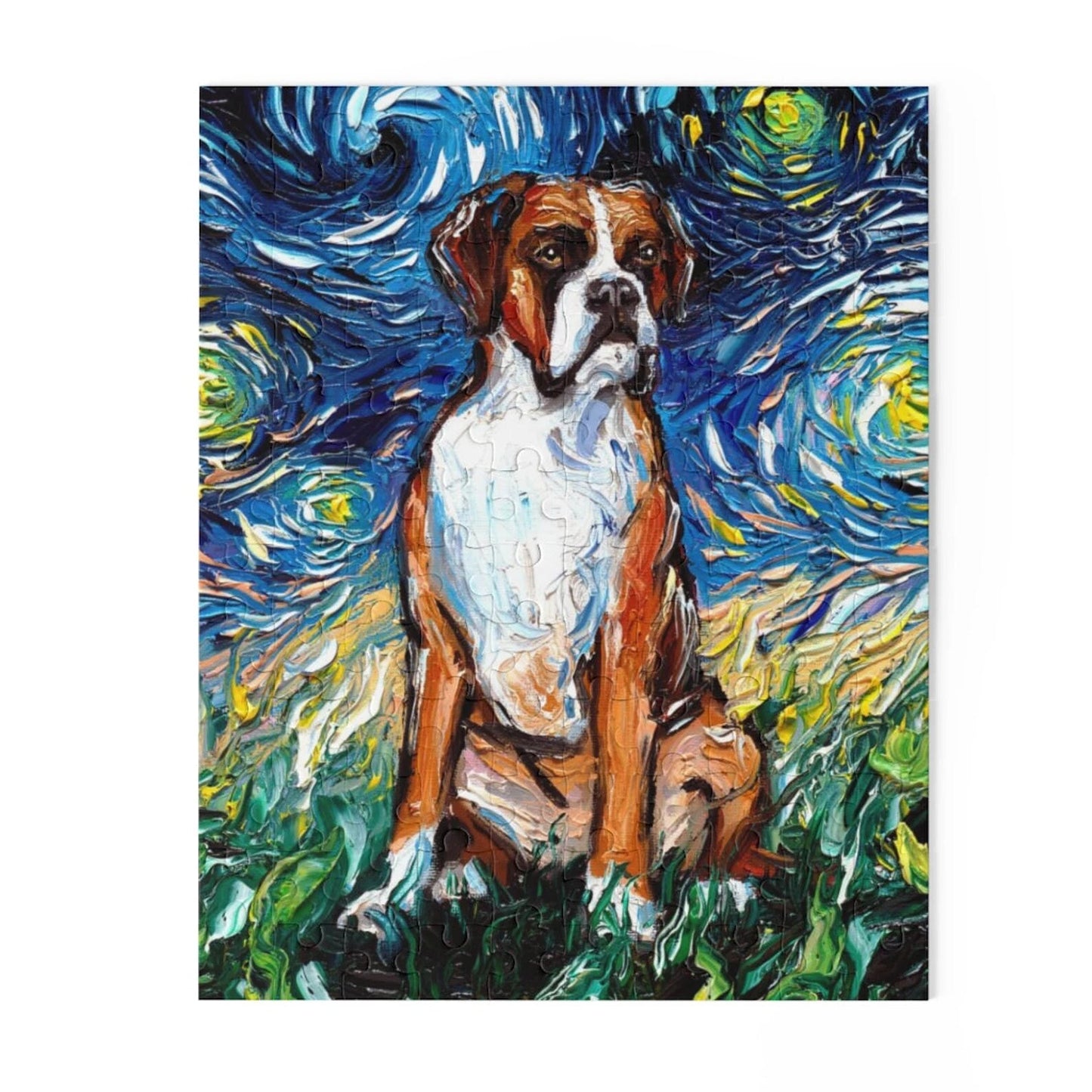 Premium Puzzle Boxer Dog Starry Night 120 pieces 8x10 252 pieces 10x14 or 500 pieces 16x20 in Gift Box Art By Aja Free Us Shipping