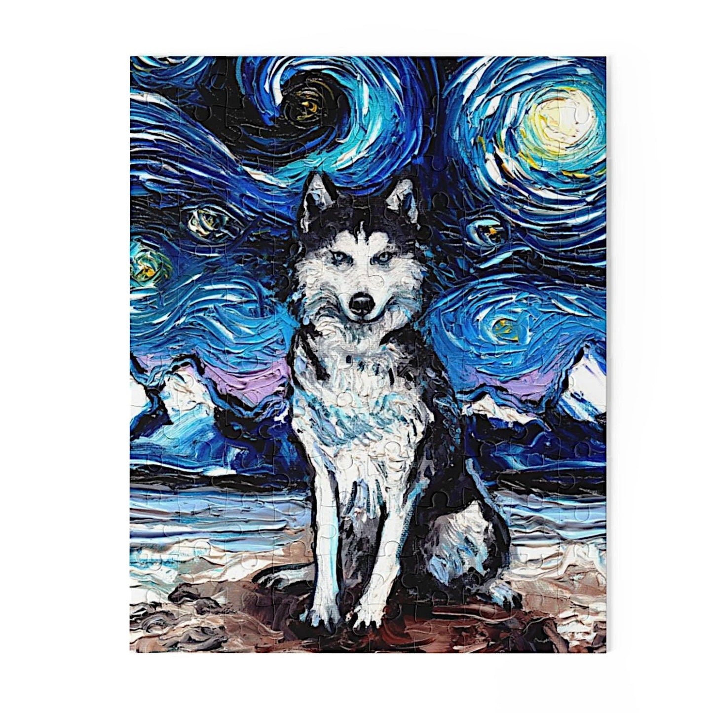 Premium Puzzle  Husky Starry Night Dog 110 252 or 500 pieces in Gift Tin Art By Aja Board Game Rainy Day Activity Free Us Shipping