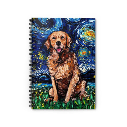 Spiral Notebook  Ruled Line Dark Coated Golden Retriever Starry Night Dog 8x6x.6 inch Journal Stationary Art by Aja Free US Shipping