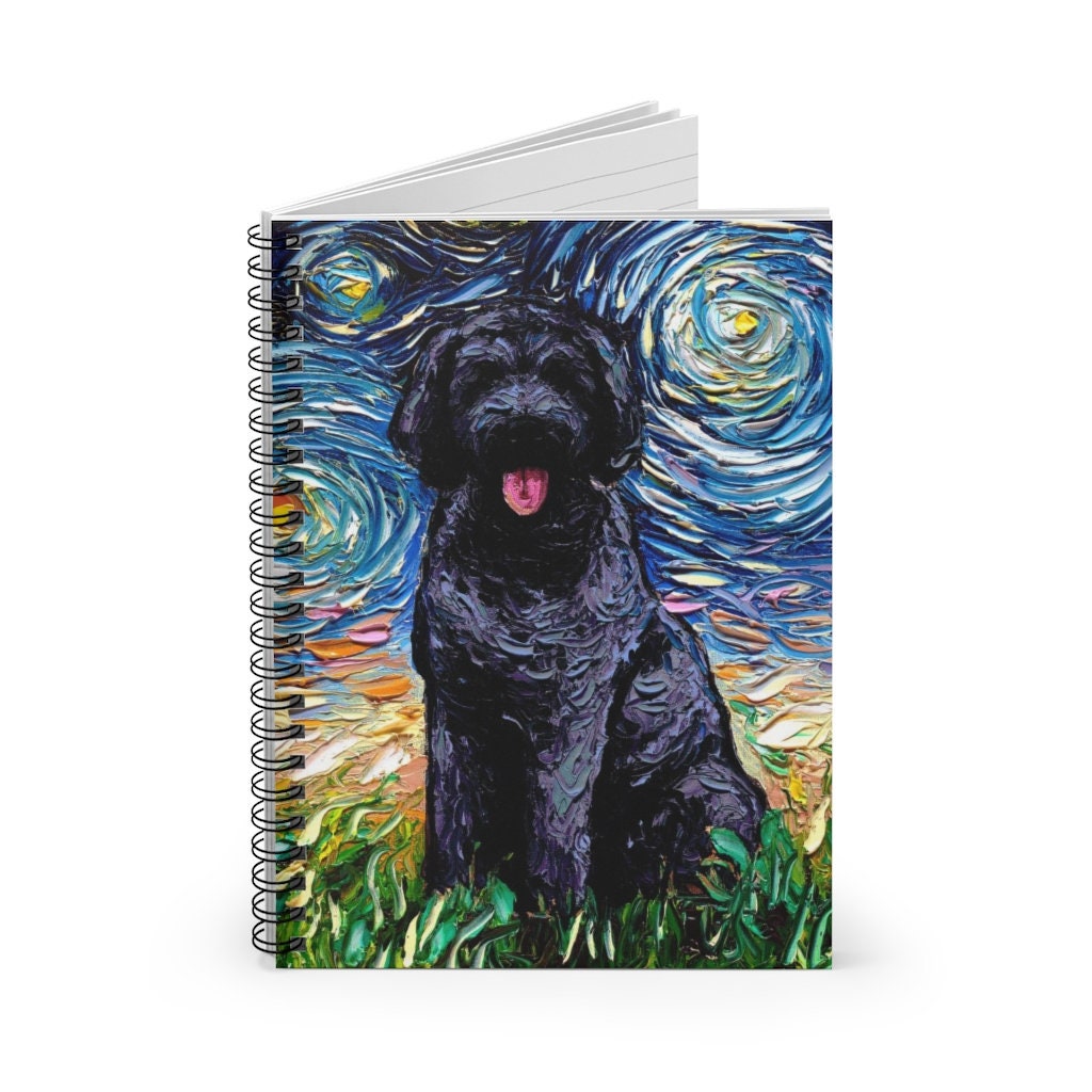 Spiral Notebook  Ruled Line Black Goldendoodle Labradoodle Starry Night Dog 8x6x.6 inch Journal Stationary Art by Aja Free US Shipping