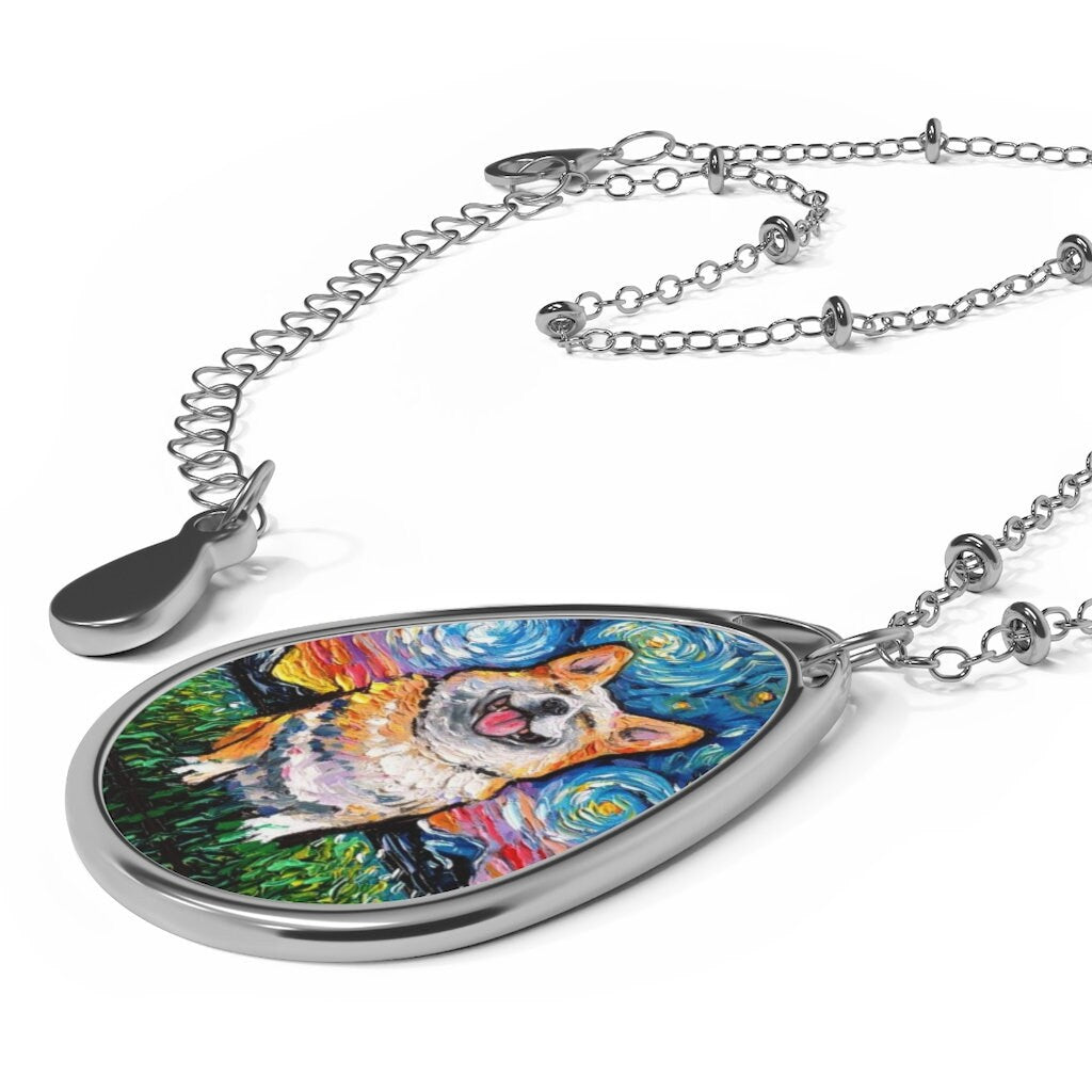 Smiling Pembroke Welsh Corgi Starry Night Dog 1.5x1 inch Oval Pendant on 20.47 inch Chain Necklace Jewelry Featuring Art by Aja