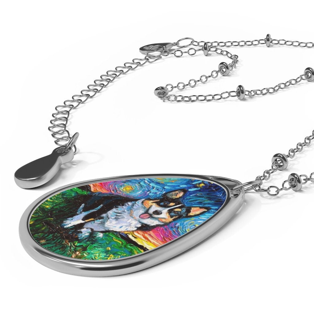 Copy of Tri Color Pembroke Welsh Corgi Starry Night Dog 1.5x1 inch Oval Pendant on 20.47 inch Chain Necklace Jewelry Featuring Art by Aja