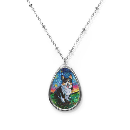 Copy of Tri Color Pembroke Welsh Corgi Starry Night Dog 1.5x1 inch Oval Pendant on 20.47 inch Chain Necklace Jewelry Featuring Art by Aja
