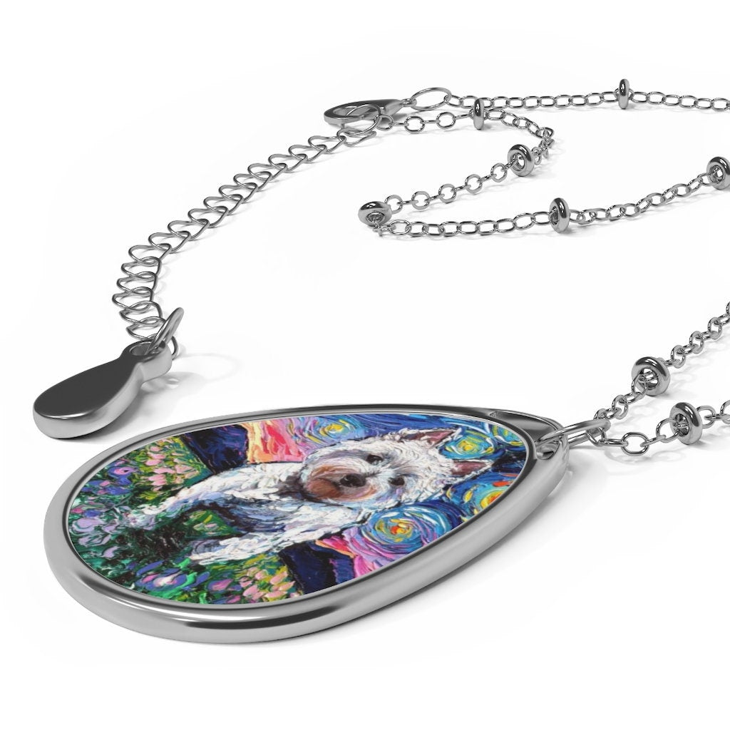 Westie West Highland Terrier and Flowers Starry Night Dog 1.5x1 inch Oval Pendant on 20.47 inch Chain Necklace Jewelry Featuring Art by Aja