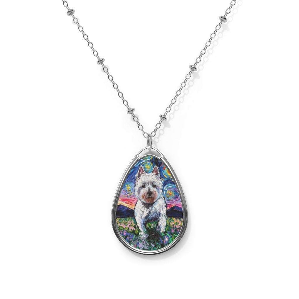 Westie West Highland Terrier and Flowers Starry Night Dog 1.5x1 inch Oval Pendant on 20.47 inch Chain Necklace Jewelry Featuring Art by Aja