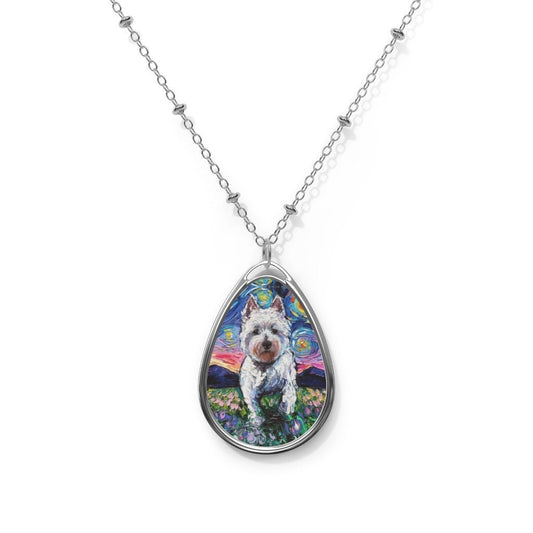 Westie West Highland Terrier and Flowers Starry Night Dog 1.5x1 inch Oval Pendant on 20.47 inch Chain Necklace Jewelry Featuring Art by Aja