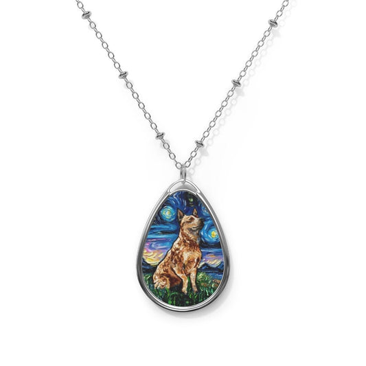 Red Heeler Starry Night Cattle Dog 1.5x1 inch Oval Pendant on 20.47 inch Chain Necklace Jewelry Featuring Art by Aja