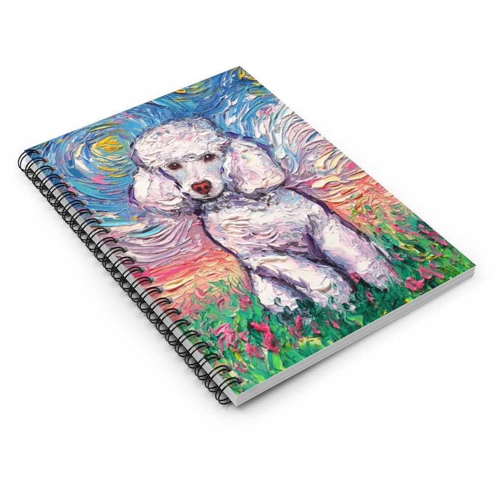 Spiral Notebook  Ruled Line White Toy Poodle Starry Night Dog 8x6x.6 inch Journal Stationary Art by Aja Free US Shipping