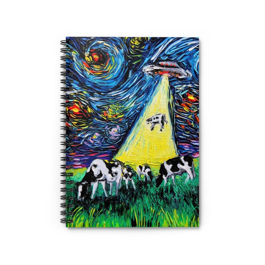 Spiral Notebook  Ruled Line UFO Alien Abduction Cows Funny Starry Night 8x6x.6 inch Journal Stationary Art by Aja Free US Shipping