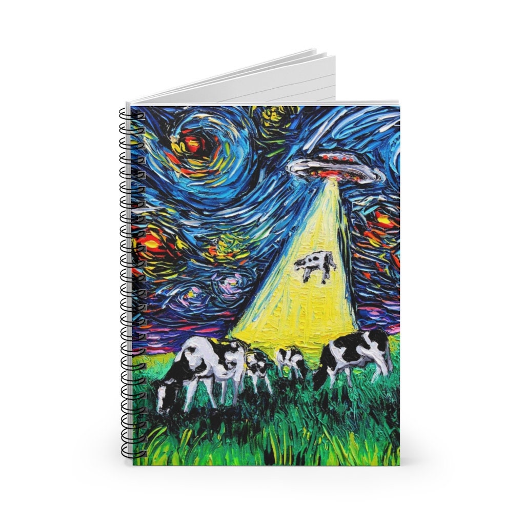 Spiral Notebook  Ruled Line UFO Alien Abduction Cows Funny Starry Night 8x6x.6 inch Journal Stationary Art by Aja Free US Shipping