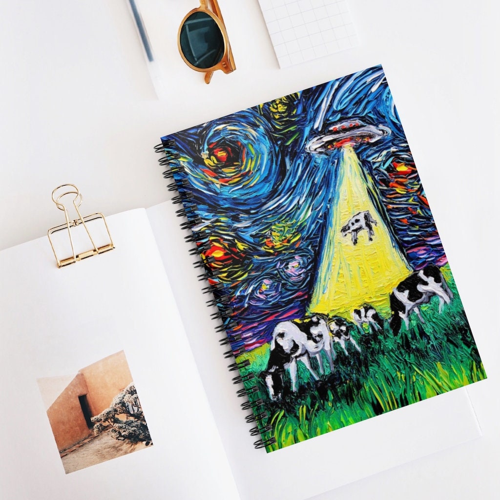 Spiral Notebook  Ruled Line UFO Alien Abduction Cows Funny Starry Night 8x6x.6 inch Journal Stationary Art by Aja Free US Shipping