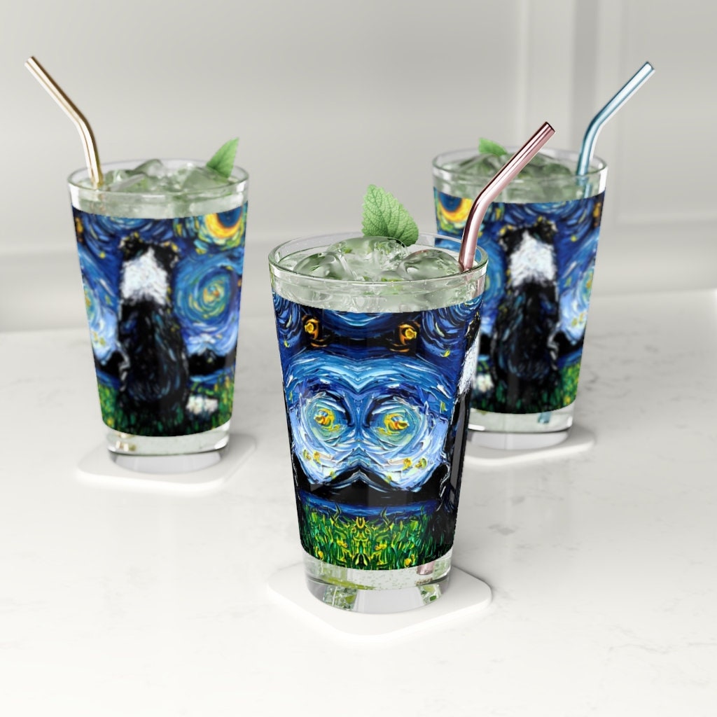 Pint Glass 16oz Border Collie Back Starry Night Dog Unique Gift Barware Tumbler Cup Drink ware cup Home Goods Artwork By Aja