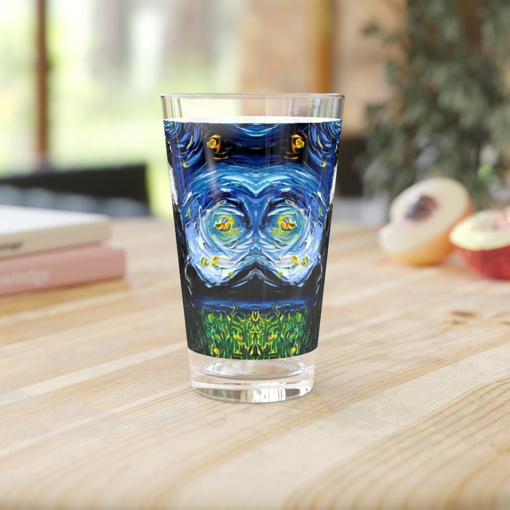 Pint Glass 16oz Border Collie Back Starry Night Dog Unique Gift Barware Tumbler Cup Drink ware cup Home Goods Artwork By Aja