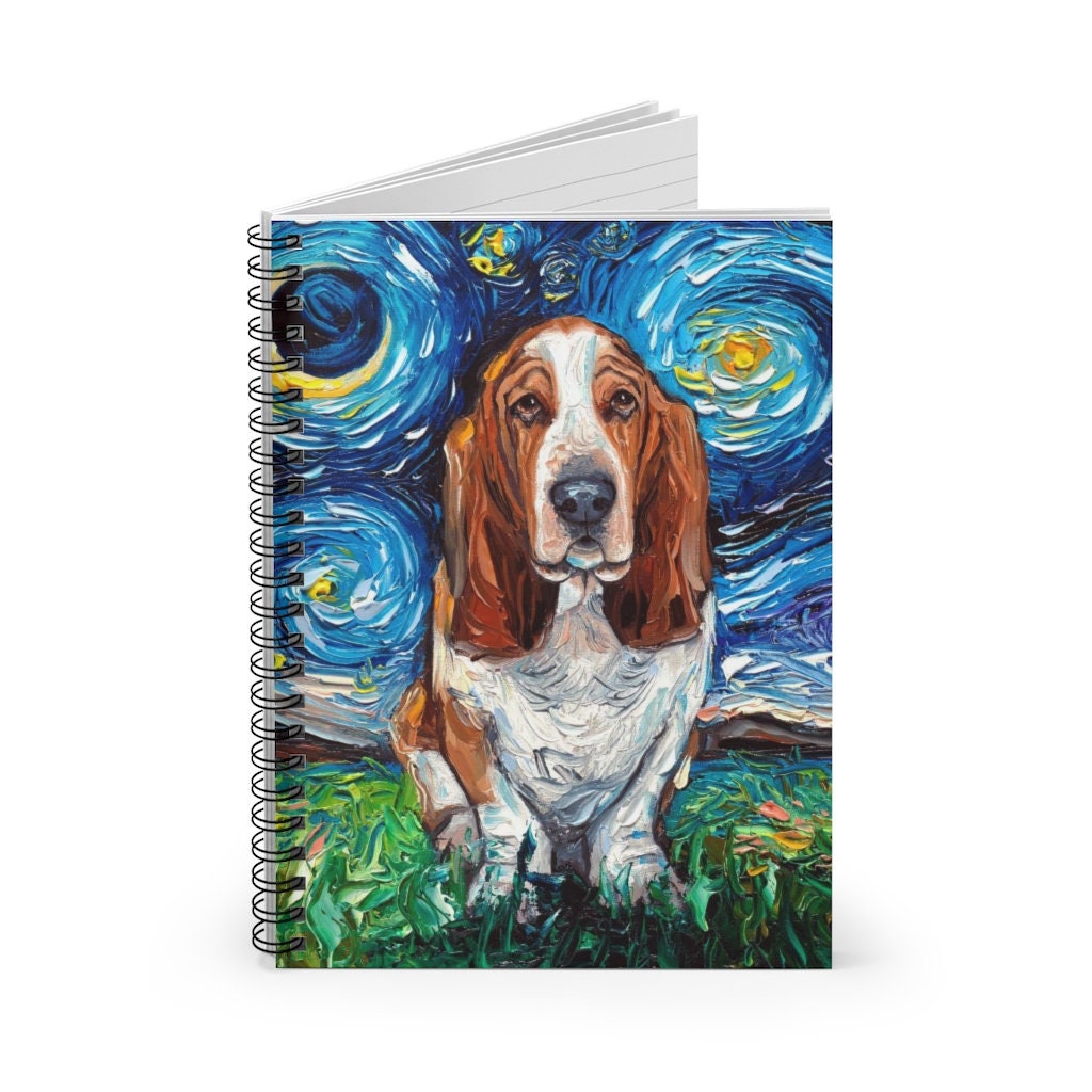 Spiral Notebook  Ruled Line Basset Hound Starry Night Dog Soft Cover 8x6x.6 inch Journal Stationary Art by Aja Free shipping