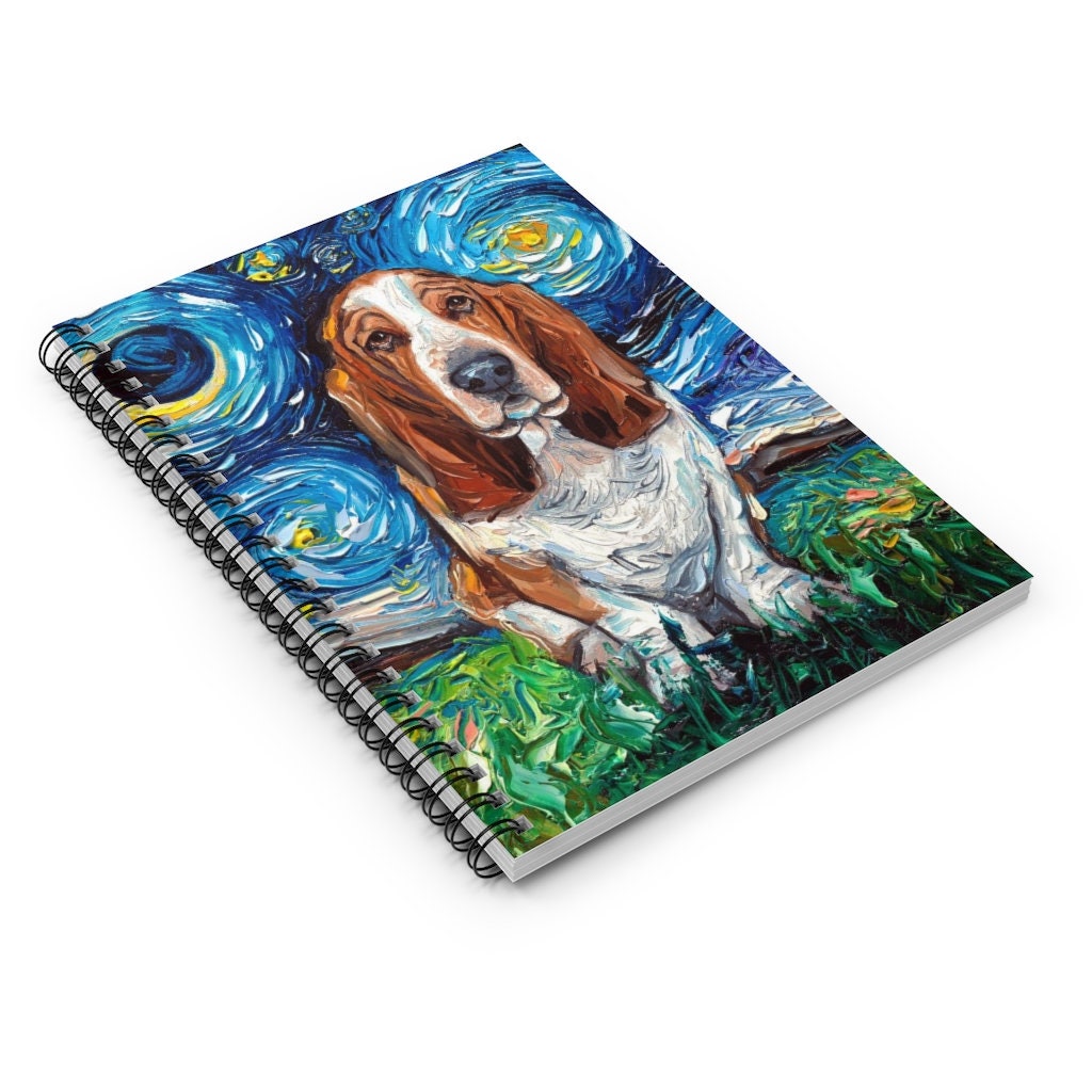 Spiral Notebook  Ruled Line Basset Hound Starry Night Dog Soft Cover 8x6x.6 inch Journal Stationary Art by Aja Free shipping