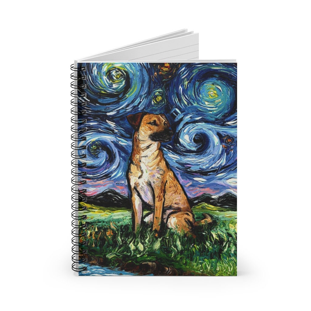 Spiral Notebook  Ruled Line Black Mouth Cur Starry Night Dog Soft Cover 8x6x.6 inch Journal Stationary Art by Aja Free shipping