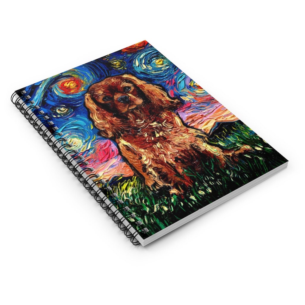 Spiral Notebook  Ruled Line Ruby Cavalier King Charles Spaniel Starry Night Dog Soft Cover 8x6x.6 inch Journal Art by Aja Free shipping