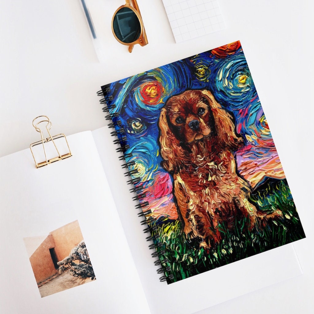 Spiral Notebook  Ruled Line Ruby Cavalier King Charles Spaniel Starry Night Dog Soft Cover 8x6x.6 inch Journal Art by Aja Free shipping