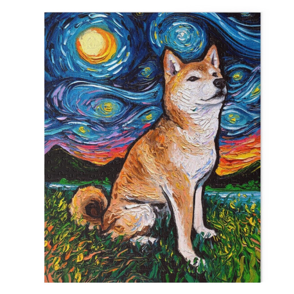 Premium Puzzle  Cute Shiba Inu Starry Night Dog 110 252 or 500 pieces in Gift Tin Art By Aja Rainy Day Activity Board Game Free US Ship