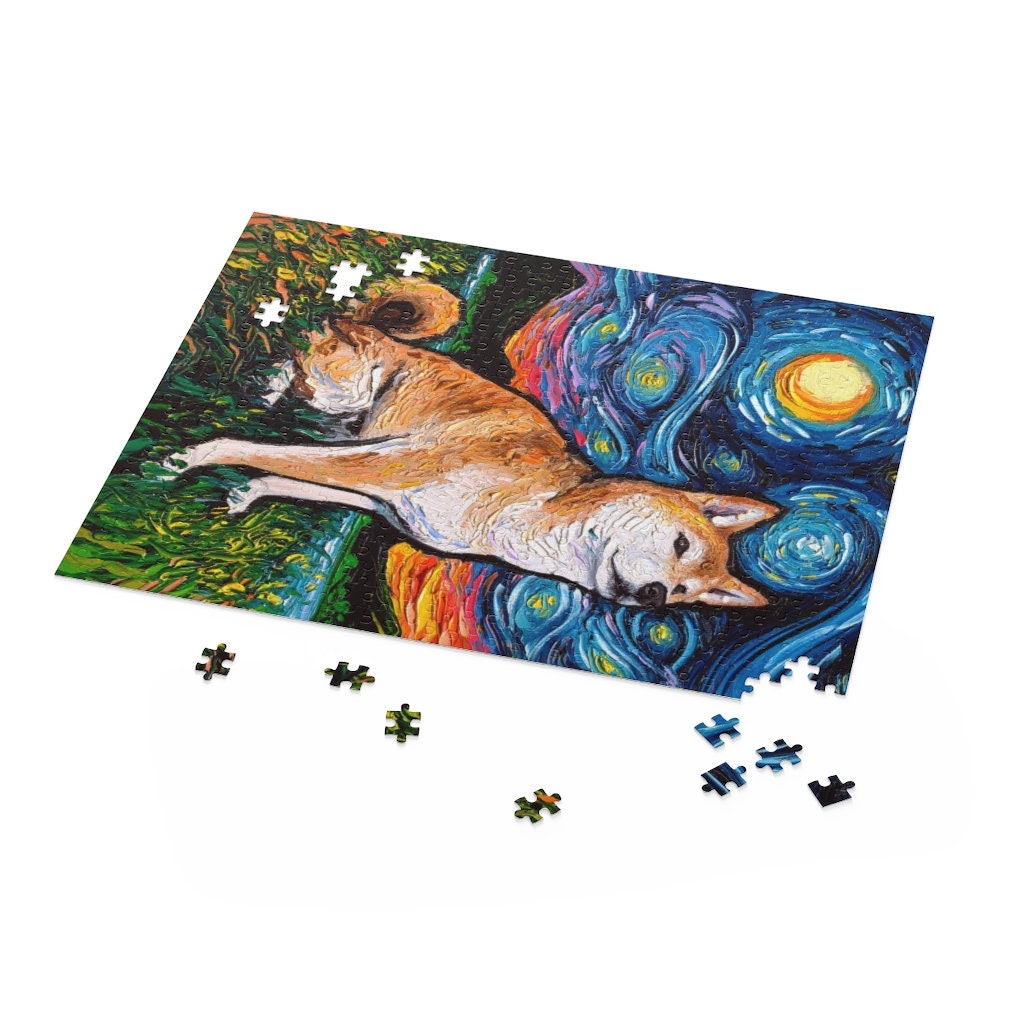 Premium Puzzle  Cute Shiba Inu Starry Night Dog 110 252 or 500 pieces in Gift Tin Art By Aja Rainy Day Activity Board Game Free US Ship