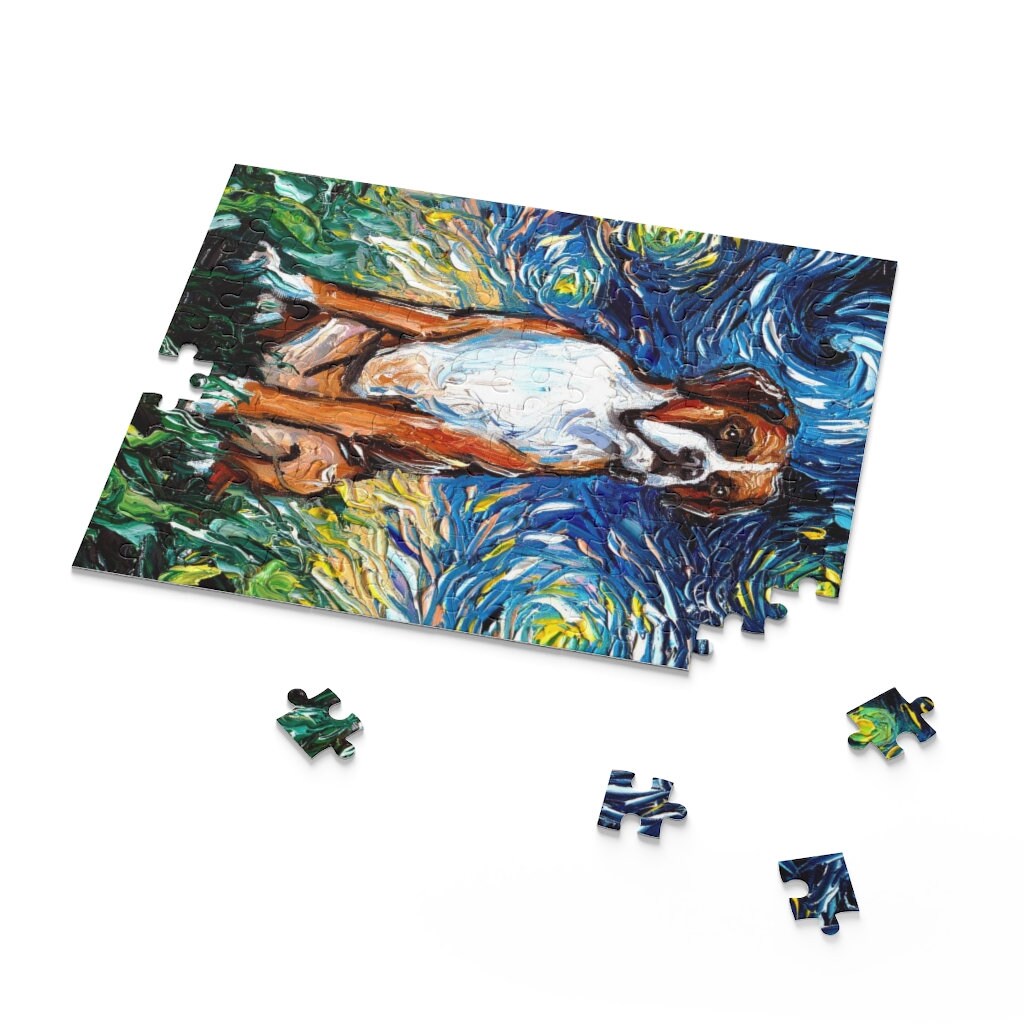 Premium Puzzle Boxer Dog Starry Night 120 pieces 8x10 252 pieces 10x14 or 500 pieces 16x20 in Gift Box Art By Aja Free Us Shipping