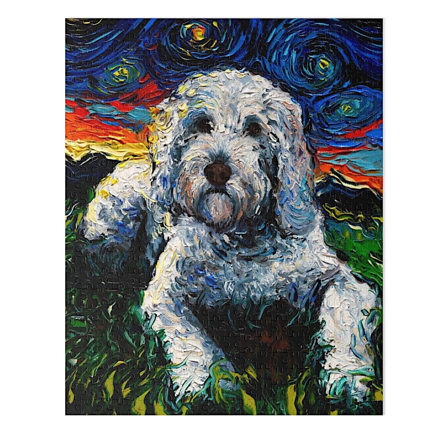 Premium Puzzle  White Goldendoodle Starry Night Dog 252 Or 500 Piece Puzzles in Gift Tin Art By Aja Rainy Day Activity Free US Shipping