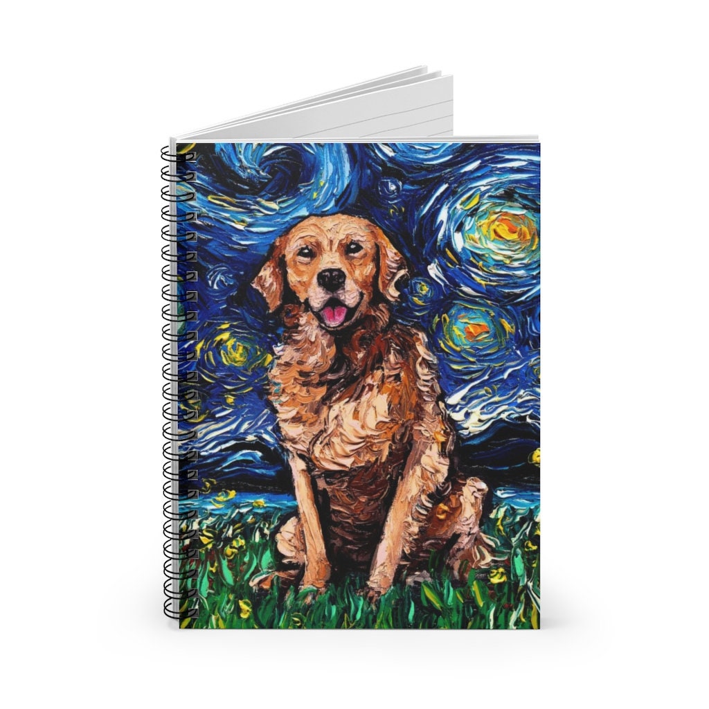 Spiral Notebook  Ruled Line Dark Coated Golden Retriever Starry Night Dog 8x6x.6 inch Journal Stationary Art by Aja Free US Shipping