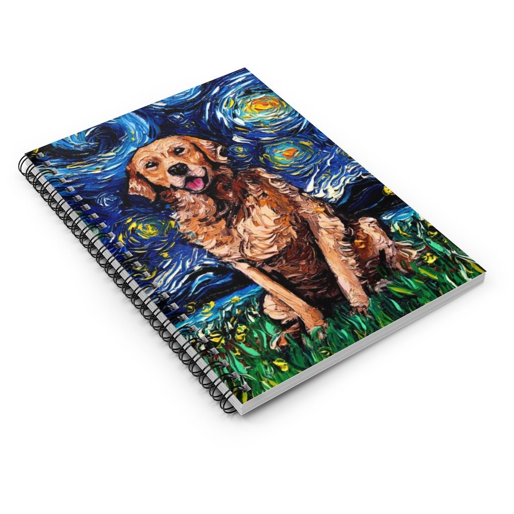 Spiral Notebook  Ruled Line Dark Coated Golden Retriever Starry Night Dog 8x6x.6 inch Journal Stationary Art by Aja Free US Shipping