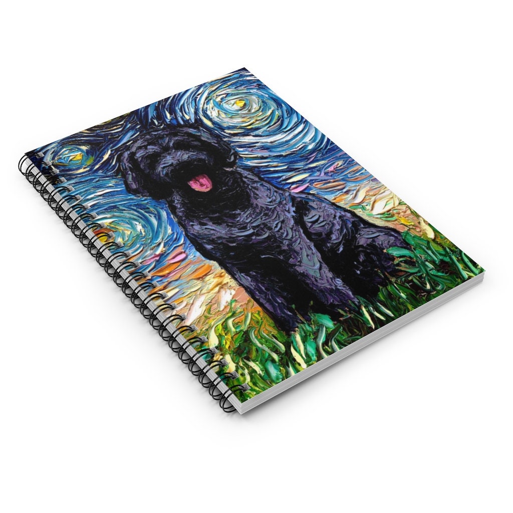Spiral Notebook  Ruled Line Black Goldendoodle Labradoodle Starry Night Dog 8x6x.6 inch Journal Stationary Art by Aja Free US Shipping