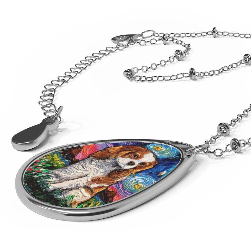 Blenheim Cavalier King Charles Spaniel Starry Night Dog 1.5x1 inch Oval Pendant on 20.47 inch Chain Necklace Jewelry Featuring Art by Aja