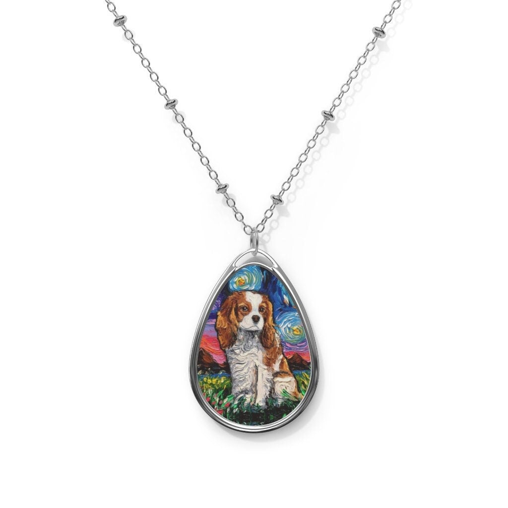 Blenheim Cavalier King Charles Spaniel Starry Night Dog 1.5x1 inch Oval Pendant on 20.47 inch Chain Necklace Jewelry Featuring Art by Aja