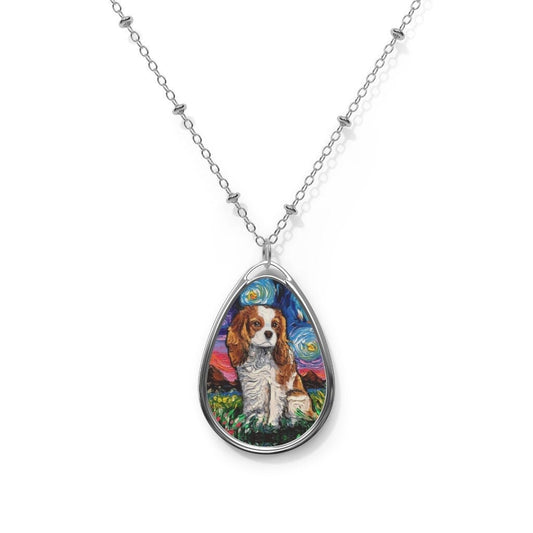 Blenheim Cavalier King Charles Spaniel Starry Night Dog 1.5x1 inch Oval Pendant on 20.47 inch Chain Necklace Jewelry Featuring Art by Aja