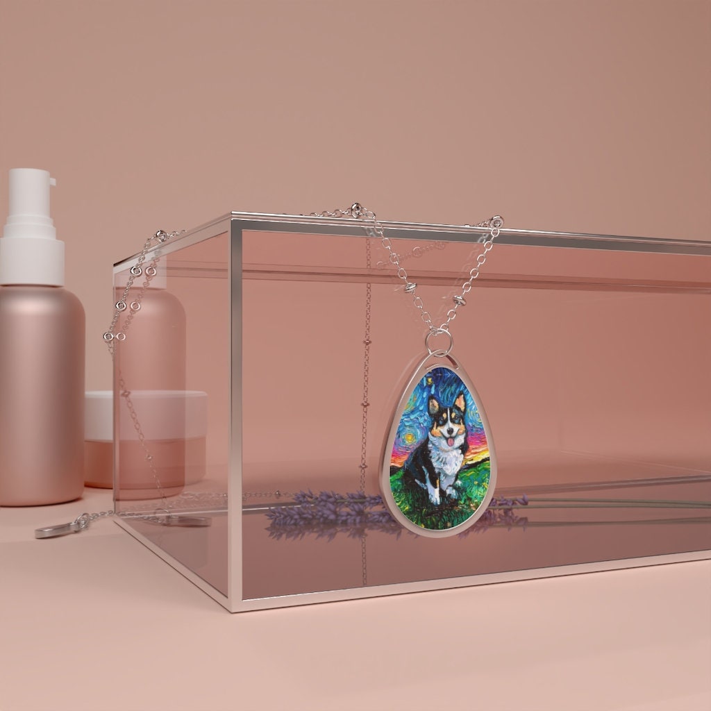 Copy of Tri Color Pembroke Welsh Corgi Starry Night Dog 1.5x1 inch Oval Pendant on 20.47 inch Chain Necklace Jewelry Featuring Art by Aja