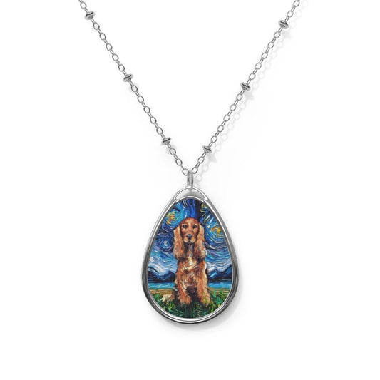 Red Cocker Spaniel Starry Night Dog 1.5x1 inch Oval Pendant on 20.47 inch Chain Necklace Jewelry Featuring Art by Aja