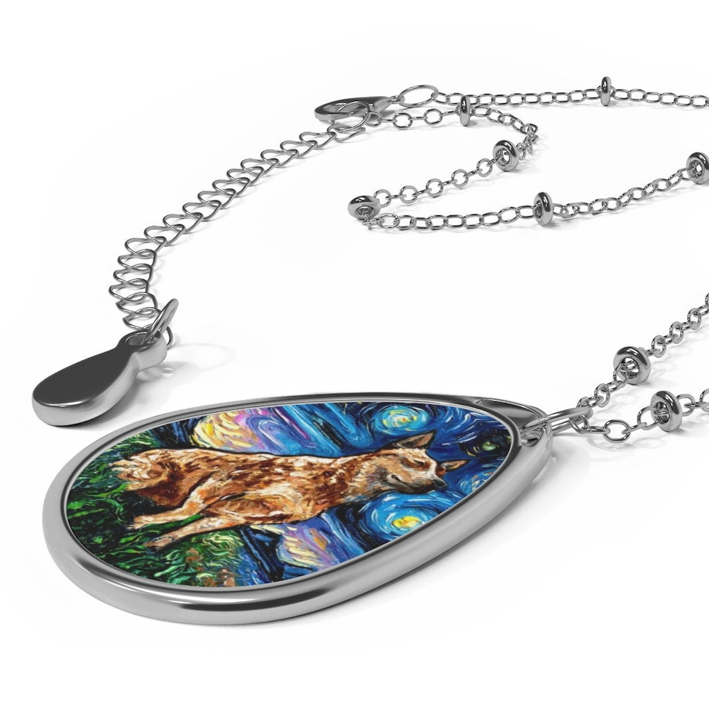 Red Heeler Starry Night Cattle Dog 1.5x1 inch Oval Pendant on 20.47 inch Chain Necklace Jewelry Featuring Art by Aja