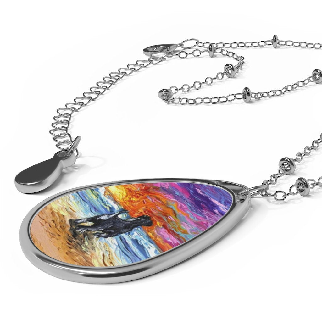 Beach Days  Schnauzer Dog 1.5x1 inch Oval Pendant on 20.47 inch Chain Necklace Jewelry Featuring Art by Aja Coastal Ocean Sunset