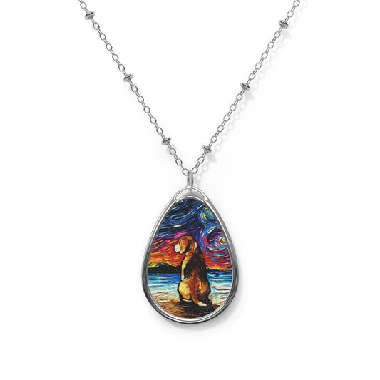 Beagle on the Beach Starry Night Dog 1.5x1 inch Oval Pendant on 20.47 inch Chain Necklace Hypoallergenic Jewelry Featuring Art by Aja