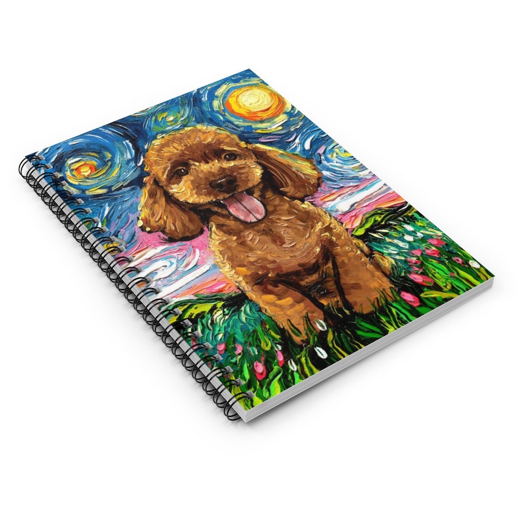 Spiral Notebook  Ruled Line Apricot Poodle Puppy Starry Night Dog 8x6x.6 inch Journal Stationary Art by Aja Free US Shipping