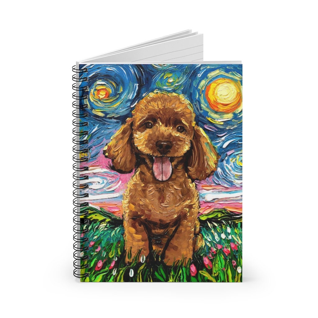 Spiral Notebook  Ruled Line Apricot Poodle Puppy Starry Night Dog 8x6x.6 inch Journal Stationary Art by Aja Free US Shipping